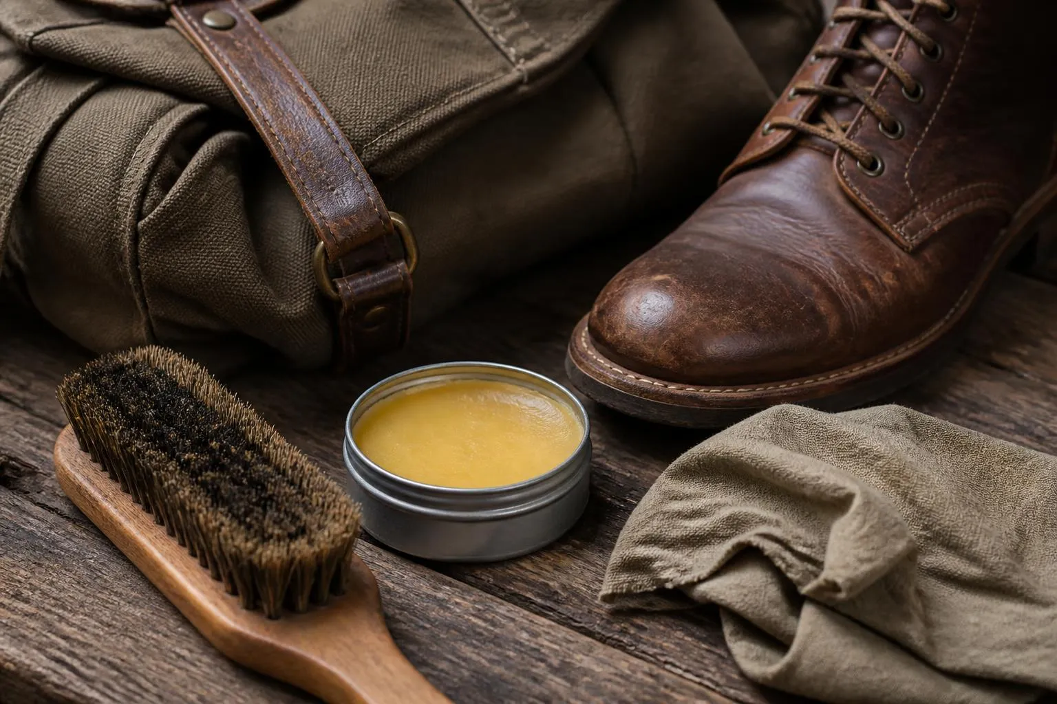 une brosse en bois, une boîte de graisse ouverte et un chiffon posés devant une botte en cuir marron et un sac de toile