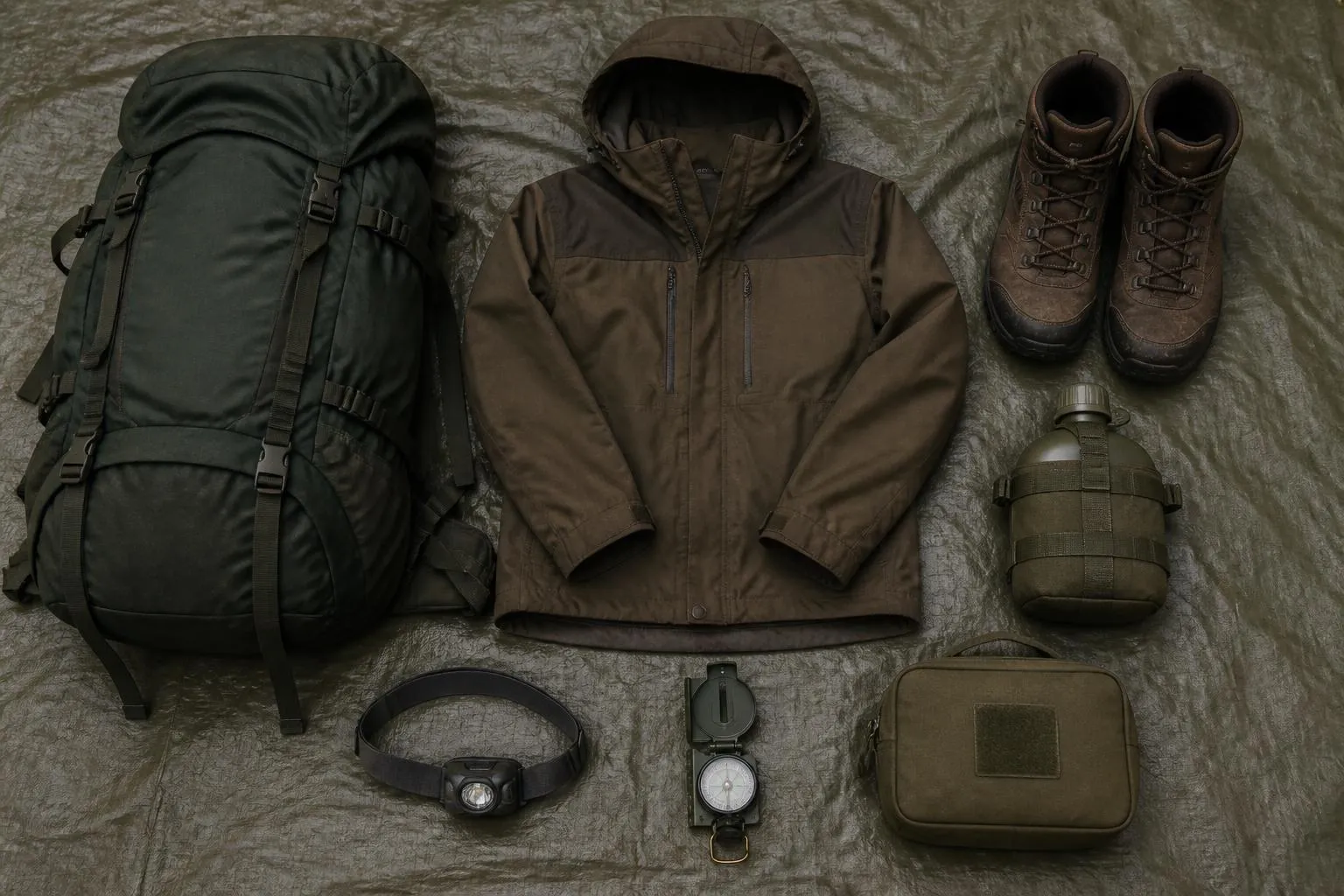 un équipement outdoor complet disposé à plat sur une bâche : sac à dos, veste kaki, chaussures montantes, gourde, boussole et lampe frontale