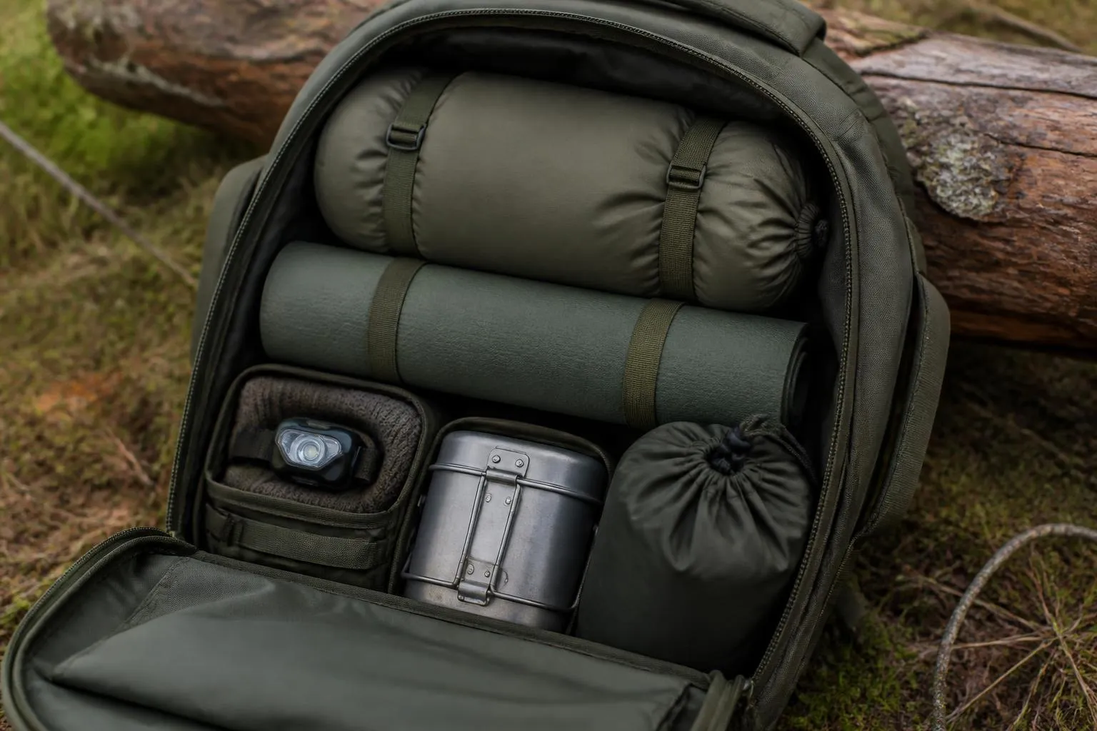 un sac à dos kaki ouvert devant un tronc, garni d'un duvet compressé, d'un matelas roulé, d'une lampe frontale et d'une popote en métal
