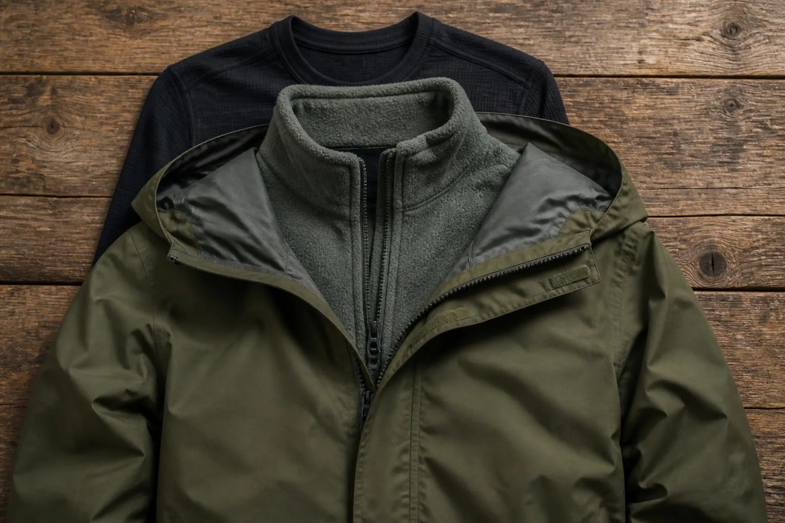 trois vêtements superposés à plat sur un plancher : sous-couche noire, polaire grise et veste imperméable kaki à capuche