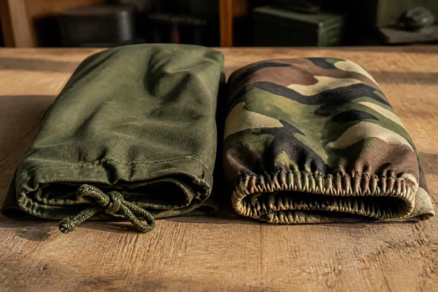 un pantalon de treillis vert armée et un pantalon camouflage centre-Europe posés côte à côte sur un plancher, bas de jambes visibles